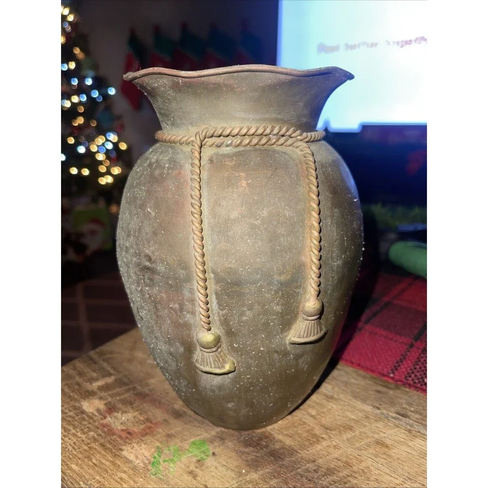 Vintage Large 8 Inch Hammered Finish  Brass Vase With Scallop Opening